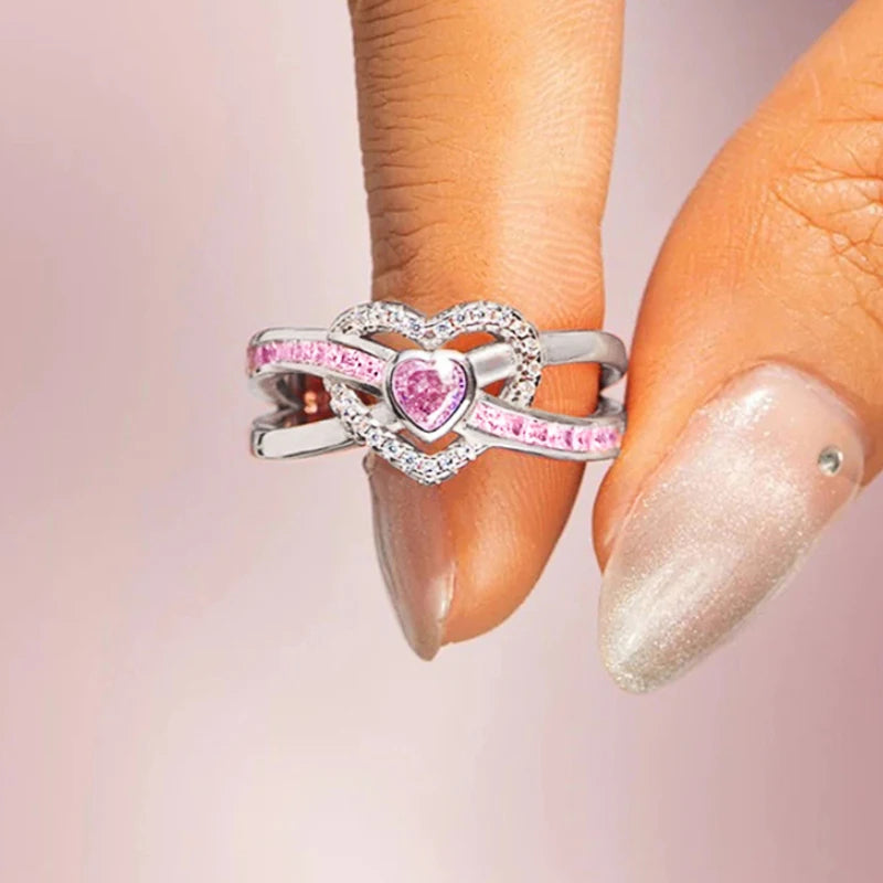 Huitan Romantic Pink Heart Zirconia Finger Ring Female Wedding Band Jewelry Silver Color Delicate Proposal Accessories for Women
