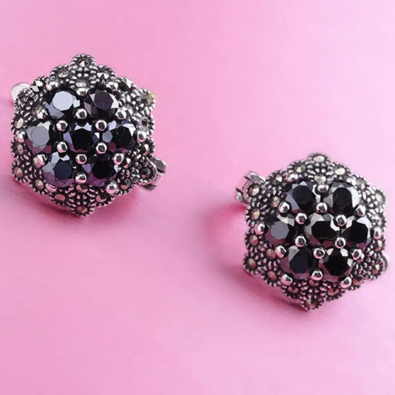 S925 Sterling Silver Earrings for Women New Women's Fashion Relief Flower Marcasite Garnet Agate Argentum Ear-Clip Jewelry