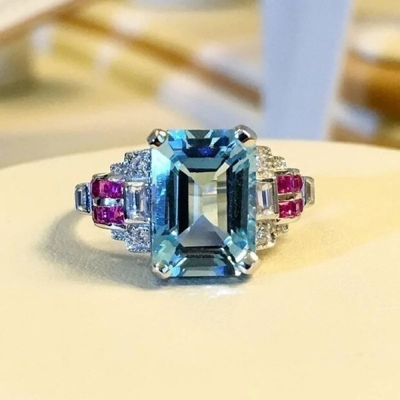 2026 New Topaz and Aquamarine Ring - Set with Red Spinel Jewelry - A Fashionable and Elegant Valentine's Day Gift for Girls