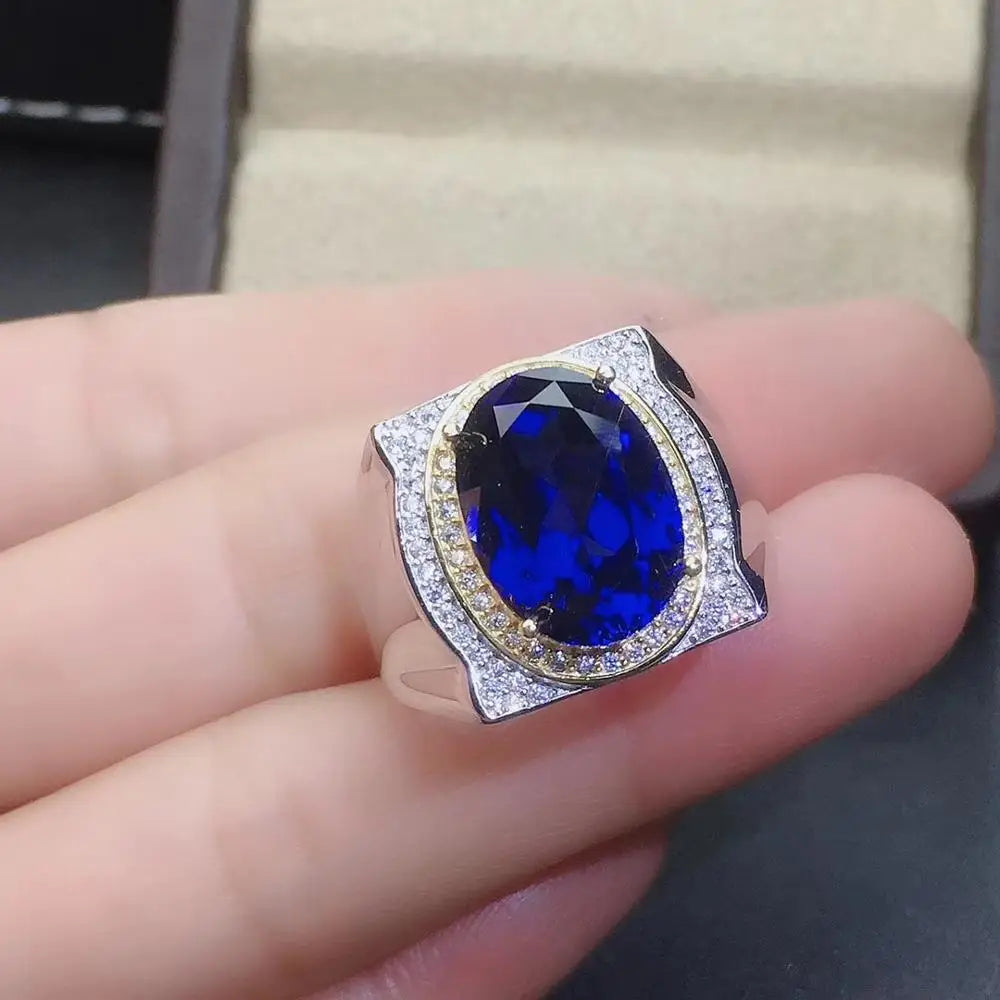 exquisite royal blue sapphire gemstone ring for men ring big gem good cut 925 sterling silver birthday gift big size 10x14mm
