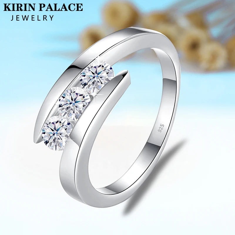 Kirin Palace 3 Stones Moissanite Ring For Women 18K 750 14K Gold D VVS Round Cut Solitaire Engagement Rings Female Fine Jewelery