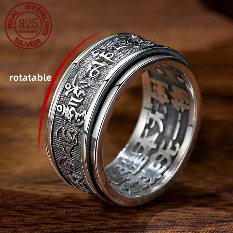 Real 925 Sterling Silver Vintage Rings Rotatable Tibetan Six Words Mantra Rings Om Mani Padme Hum Buddhist Jewelry