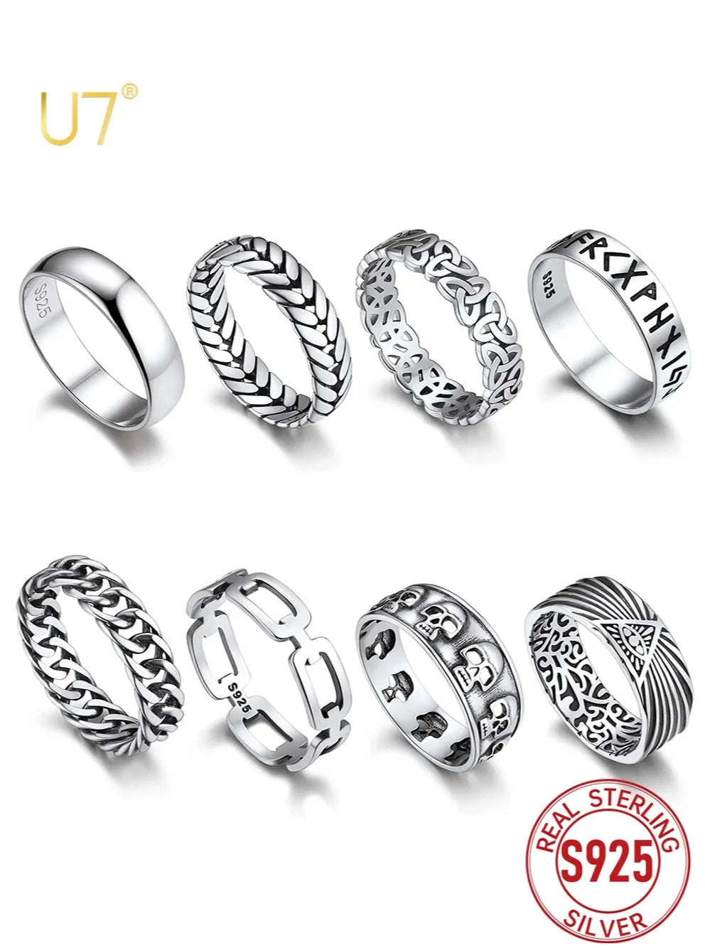 U7 925 Sterling Silver Unisex Rings 5mm-8mm Pattern Band Curb Link Chain Celtic Classic Plain Wedding Anniversary Couple Jewelry