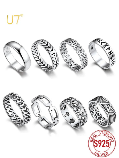 U7 925 Sterling Silver Unisex Rings 5mm-8mm Pattern Band Curb Link Chain Celtic Classic Plain Wedding Anniversary Couple Jewelry