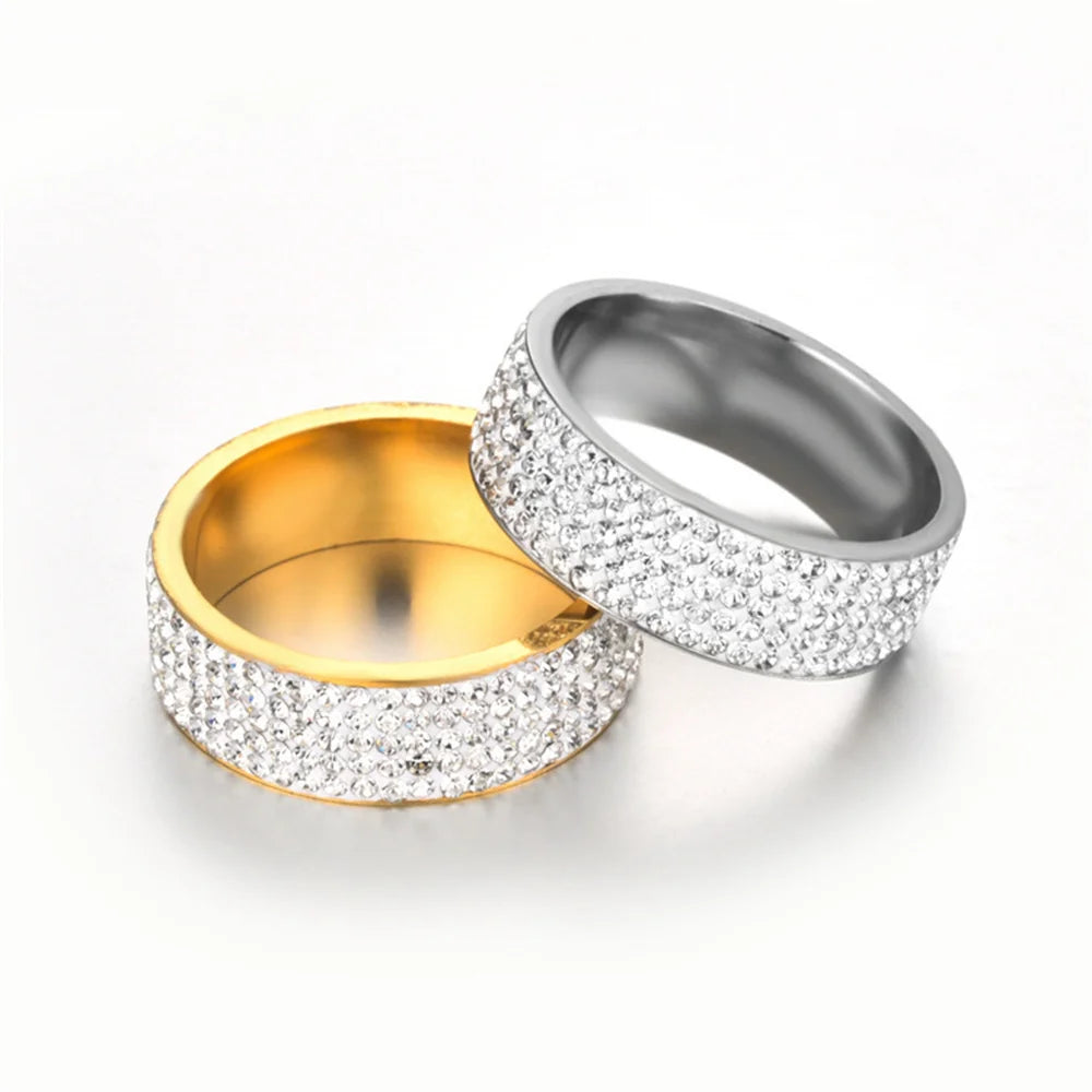 Hip Hop Iced Out Bling Ring 8mm Male Black/Gold/Silver Color Stainless Steel Engagement Wedding Rings for Women Men Jewelry Gift
