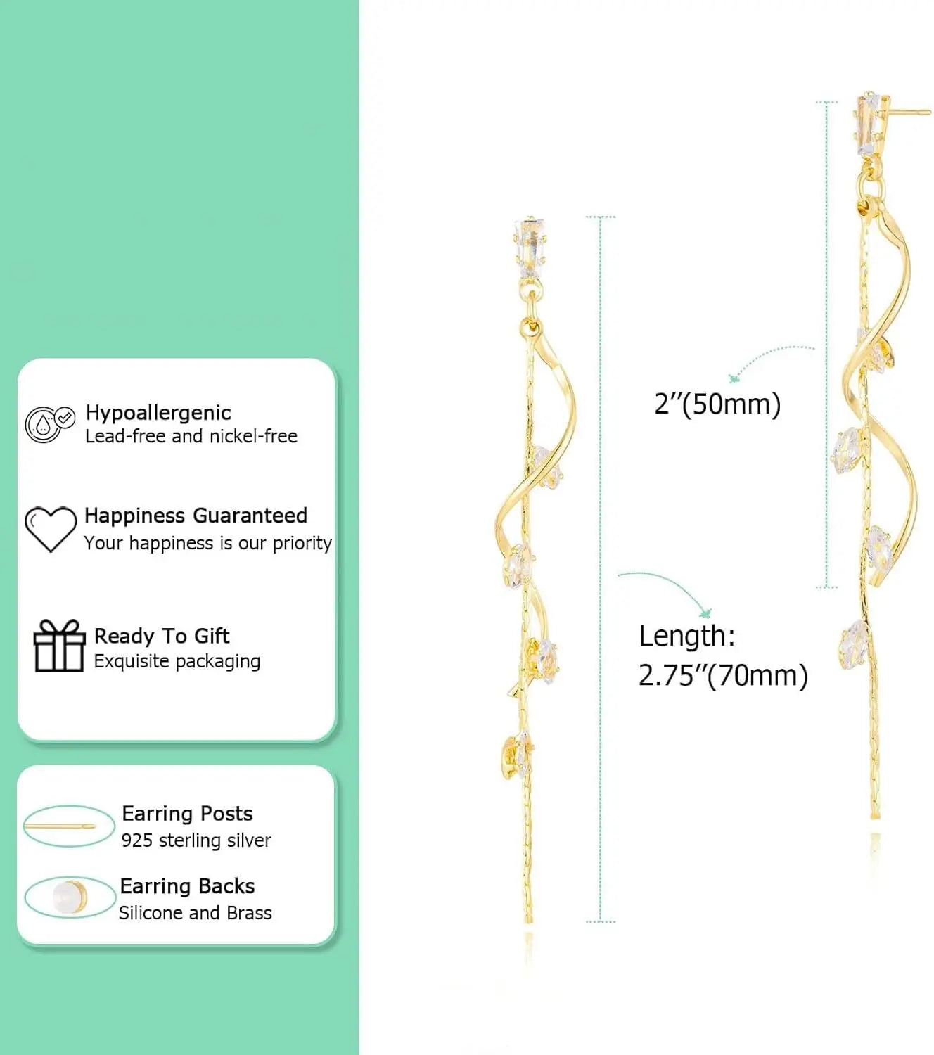 Women's Dangle Earrings 14K Gold Plated Cubic Zirconia Hypoallergenic Lightweight Trendy Fashion Jewelry for Women