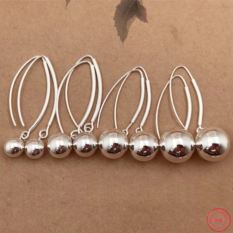 S990 Sterling Silver Drop Earrings for Women Smooth Surface Balls Pure Argentum Ear Drop Classic Fashion Jewelry Wholesale