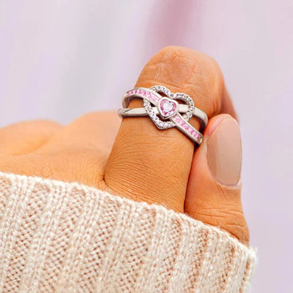 Huitan Romantic Pink Heart Zirconia Finger Ring Female Wedding Band Jewelry Silver Color Delicate Proposal Accessories for Women
