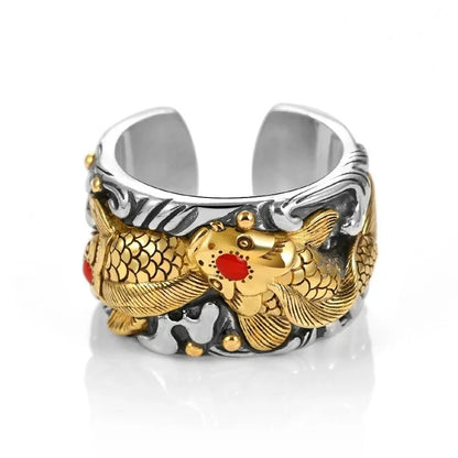 Classic and Domineering cameo mens rings Golden koi fish Retro 925 Thai Silver Trendy rings for women Banquet Jewelry Gift