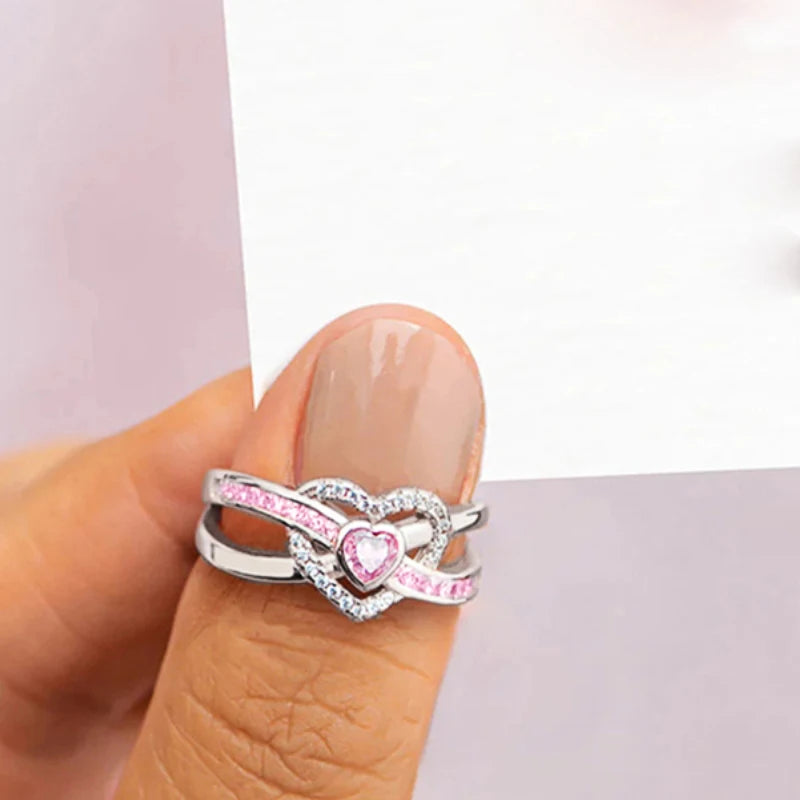 Huitan Romantic Pink Heart Zirconia Finger Ring Female Wedding Band Jewelry Silver Color Delicate Proposal Accessories for Women
