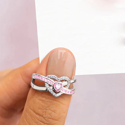 Huitan Romantic Pink Heart Zirconia Finger Ring Female Wedding Band Jewelry Silver Color Delicate Proposal Accessories for Women