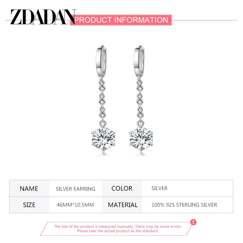 ZDADAN 925 Sterling Silver Blue Crystal Long Drop Earrings For Women Fashion Wedding Jewelry Gifts