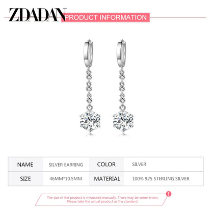 ZDADAN 925 Sterling Silver Blue Crystal Long Drop Earrings For Women Fashion Wedding Jewelry Gifts