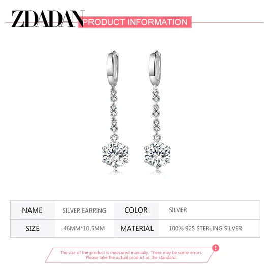 ZDADAN 925 Sterling Silver Blue Crystal Long Drop Earrings For Women Fashion Wedding Jewelry Gifts