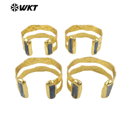 WT-B665 Natural Rectangle Blue Kyanite Hollow Design 18k Gold Plated Cuff Adjustable Bangle For Unisex Decorated