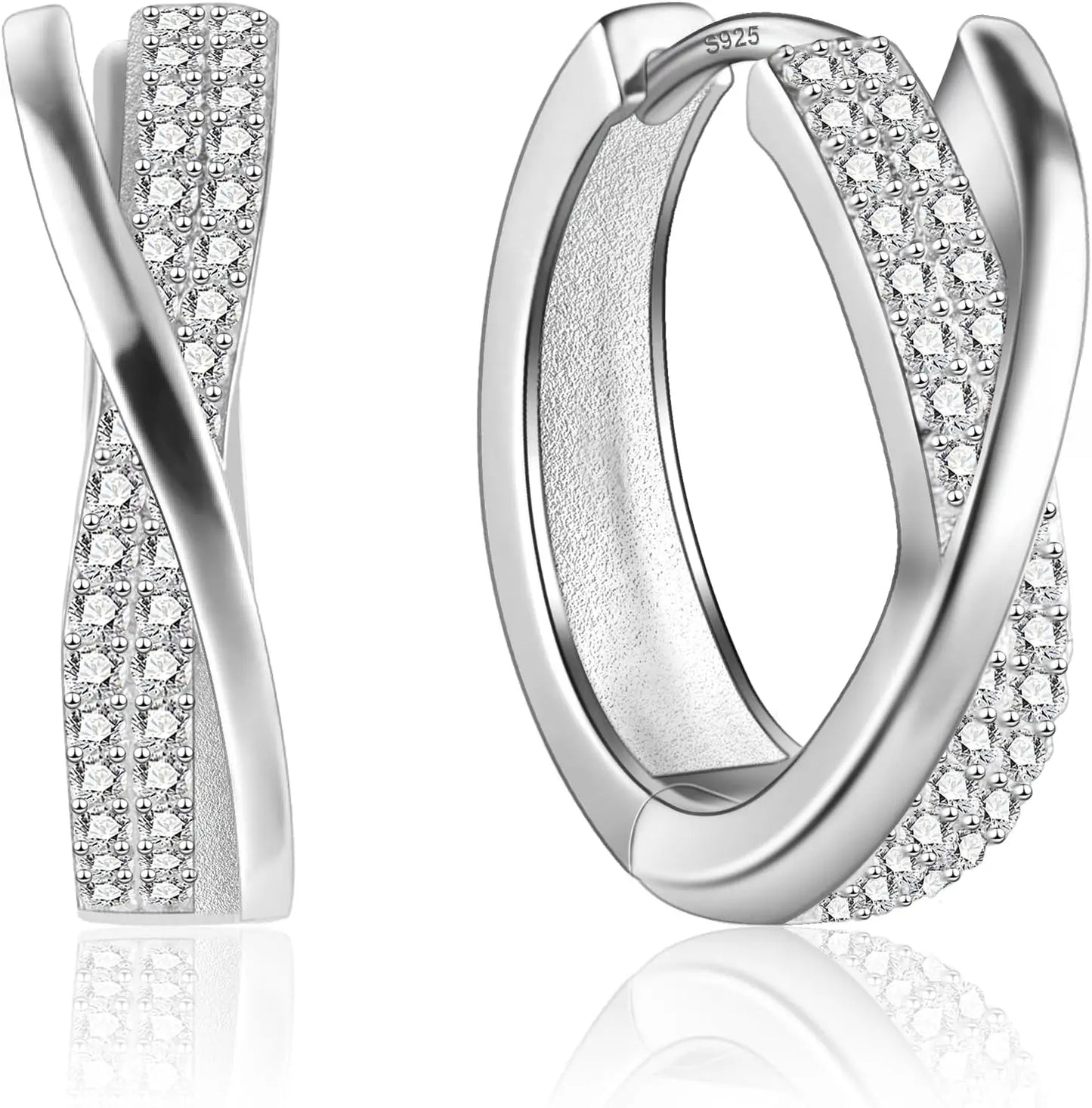 Orecchini Donna Argento 925 Orecchini Cerchio, Oro Placcato 14K/ Oro Bianco Brillantini Orecchini