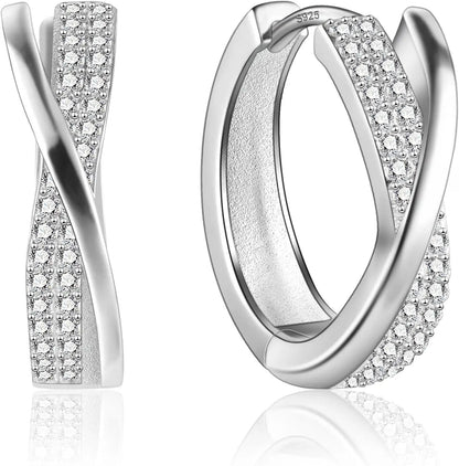 Orecchini Donna Argento 925 Orecchini Cerchio, Oro Placcato 14K/ Oro Bianco Brillantini Orecchini