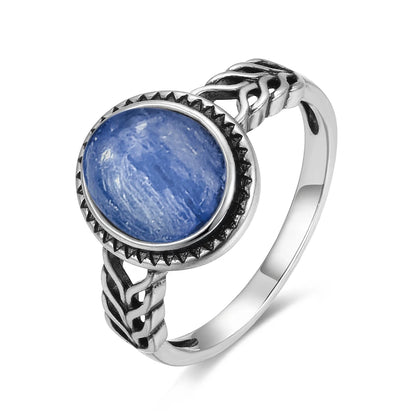 Vintage S925 Sterling Silver Ring Oval Round Natural Kyanite Ring Sun And Flower Shaped Retro Fine Jewelry For Women Men