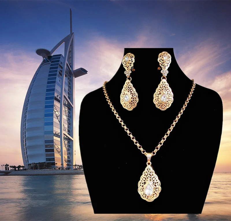 French jewelry water drop crystal necklace earrings Birthday party jewelry Arab banquet luxury gold color wedding jewelry
