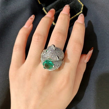 Creative Leopard Head with Green Eyes Stud Ring For Women 925 Silver Micro Paved with CZ Stone Animal Earring Jewelry Fox Ring