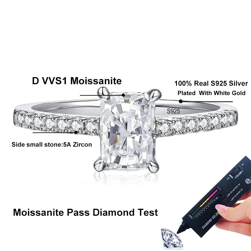 NeeTim1CT Moissanite Ring for Women Emerald Radiant Cut Diamond Wedding 925 Silver White Gold Plated  Rings Fine Jewelry