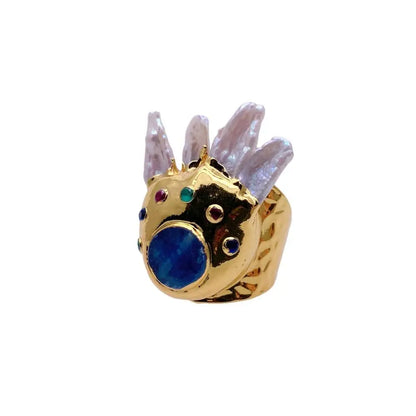 YYGEM White Biwa Pearl 10mm Blue Kyanite Gold Plated Finger Rings Adjustable Ring Designer Jewelry