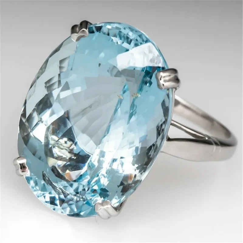 S925 Silver Color Engagement Egg Diamond Ring Sea Blue Topaz De Gemstone Bizuteria Ring for Women Bague Etoile Jewelry Rings