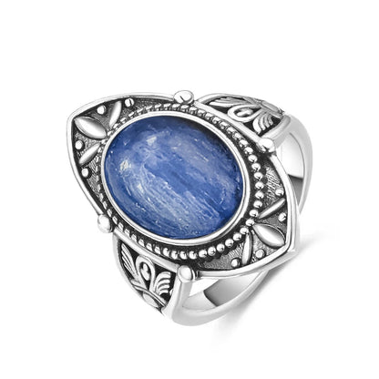 Vintage S925 Sterling Silver Ring Oval Round Natural Kyanite Ring Sun And Flower Shaped Retro Fine Jewelry For Women Men