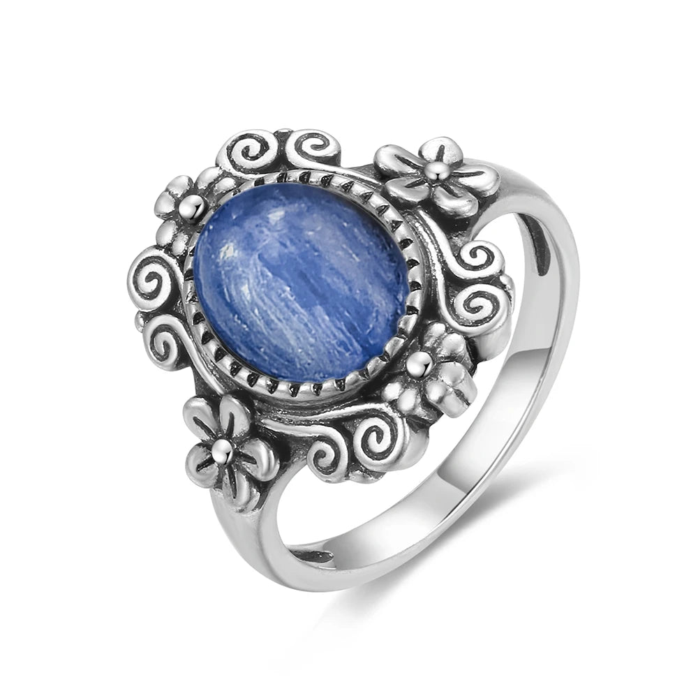 Vintage S925 Sterling Silver Ring Oval Round Natural Kyanite Ring Sun And Flower Shaped Retro Fine Jewelry For Women Men