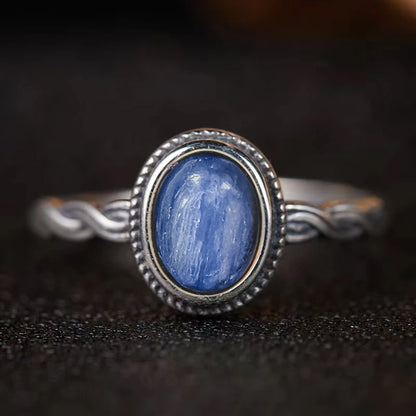 Vintage S925 Sterling Silver Ring Oval Round Natural Kyanite Ring Sun And Flower Shaped Retro Fine Jewelry For Women Men