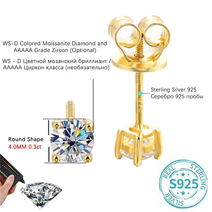 ALITREE 1ct D Color Moissanite Earrings 925 Sterling Sliver Plated Gold Diamond Ear Studs with GRA Certificate for Women Jewelry
