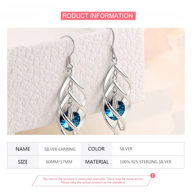 JewelryTop New Arrival 925 Sterling Silver Crystal Long Dangle Earrings For Women Lady Charm Wedding Party Jewelry Gift Noble