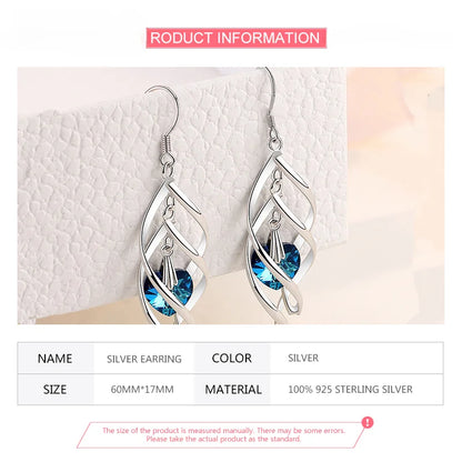 JewelryTop New Arrival 925 Sterling Silver Crystal Long Dangle Earrings For Women Lady Charm Wedding Party Jewelry Gift Noble