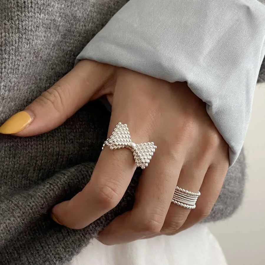 925 Sterling Silver Rings Fashion Hip Hop Vintage Couples Creative Big Bow Design Thai Silver Party Jewelry Birthday Gifts