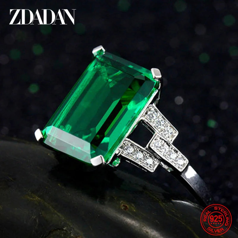ZDADAN 925 Sterling Silver Charm Emerald Rings For Women Fashion Wedding Jewelry