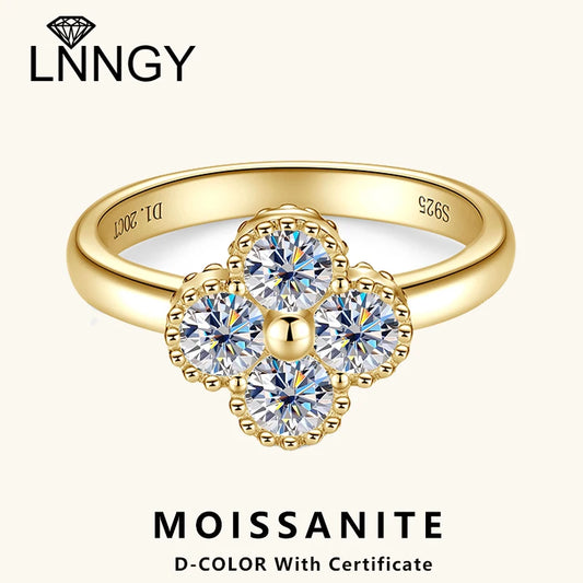Lnngy 4MM Moissanite Four Leaf Clover Ring For Women Exquisite Anelli Argento 925 Sterling Silver Wedding Rings Jewelry Gift