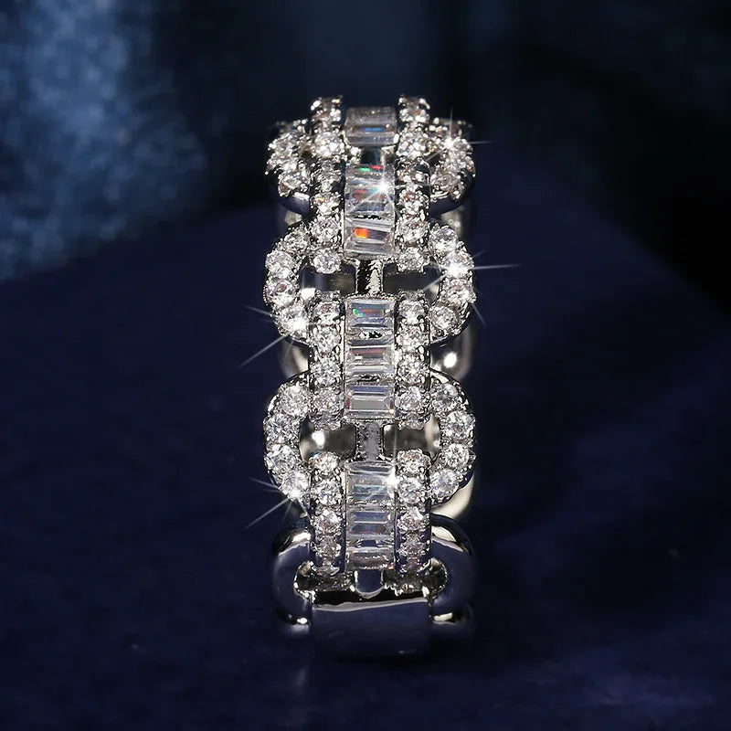 Fashion Luxury Large Row Flashing Zircon Ring Men And Women Hip-Hop Chain Type 925 Stamp Jewelry Wedding Party Birthday Gift