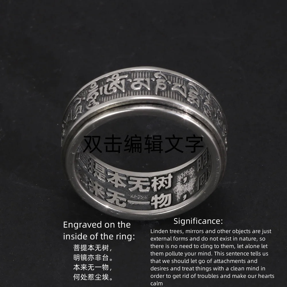 Real 925 Sterling Silver Vintage Rings Rotatable Tibetan Six Words Mantra Rings Om Mani Padme Hum Buddhist Jewelry