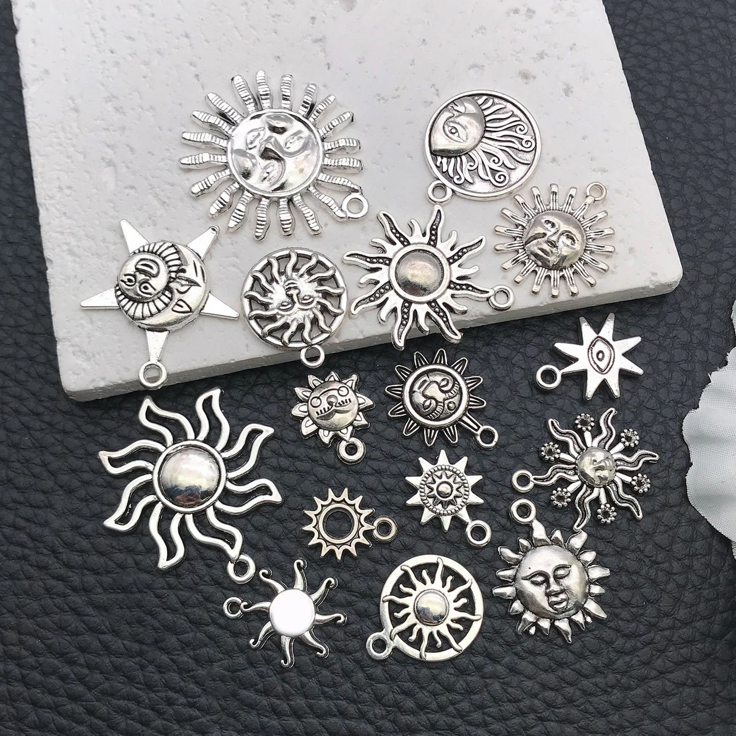 16/20pcs Antique Silver Celestial Series Set (Sun/Stars/Moon) - Perfect for Crafting Necklace, Bracelet & Earring Accessories.