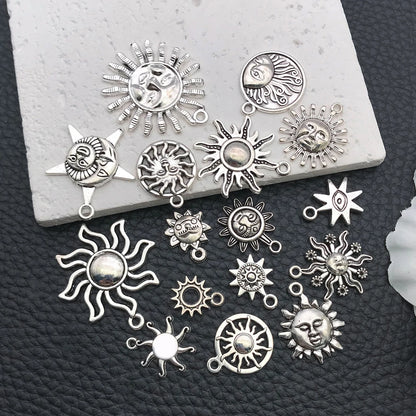16/20pcs Antique Silver Celestial Series Set (Sun/Stars/Moon) - Perfect for Crafting Necklace, Bracelet & Earring Accessories.