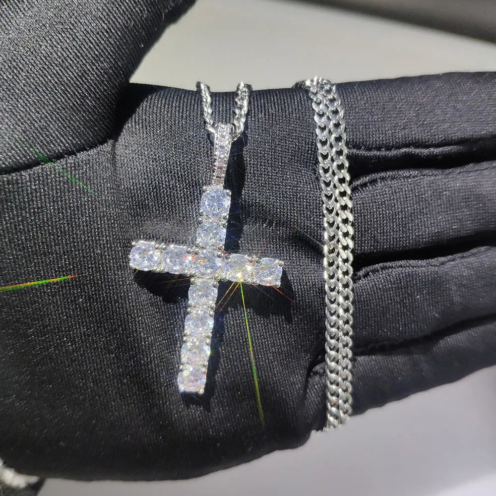 Fashion Simple Bling Cross Jewelry Iced Out Cubic Zirconia Diamond 18k White Gold Plated Cross Pendant Necklace For Men Women