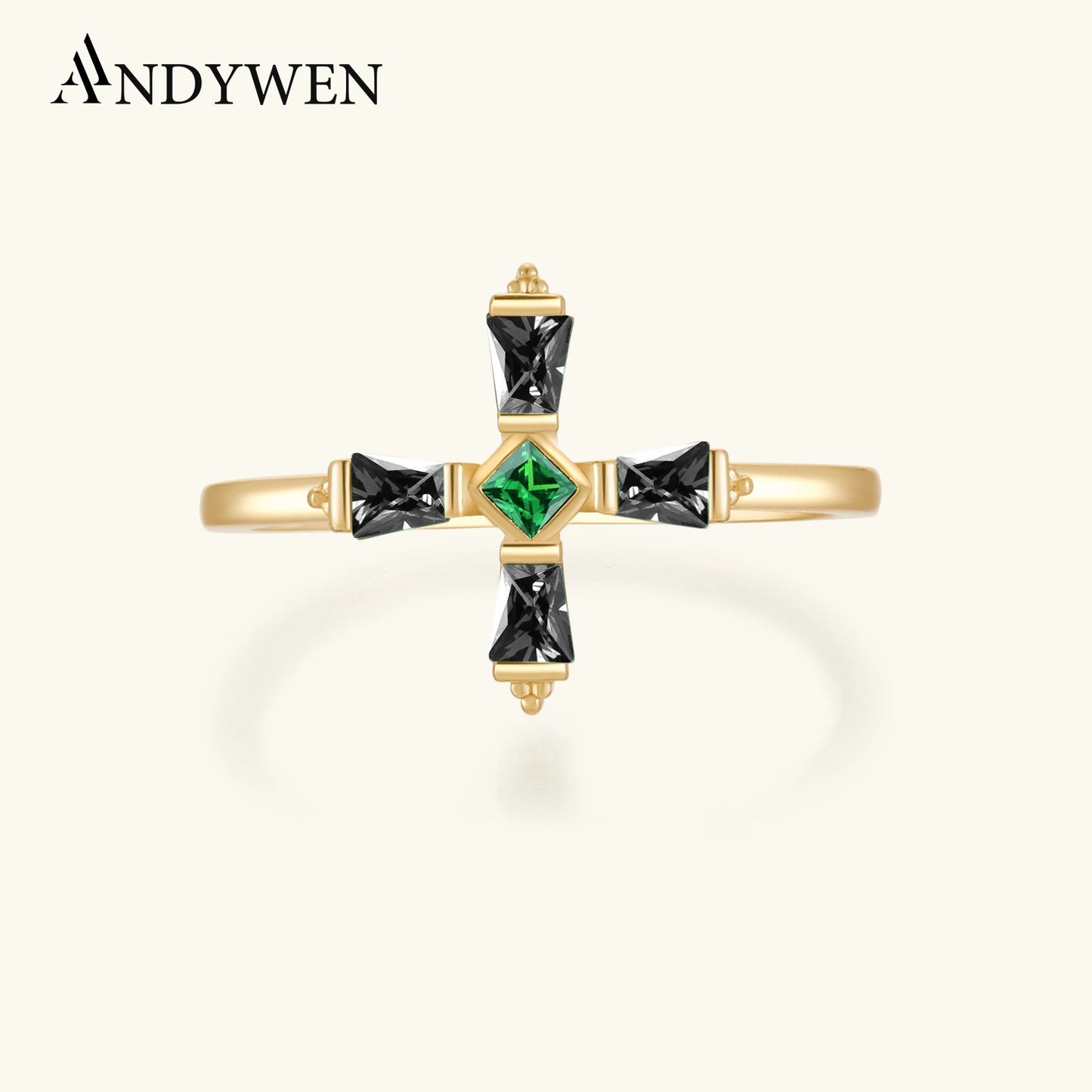 ANDYWEN 925 Sterling Silver Black Cross Luxury Ring Jewelry Fine Jewelry 2021 Wedding Jewels Slim Size Crystal Green Anillo Fino