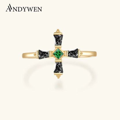 ANDYWEN 925 Sterling Silver Black Cross Luxury Ring Jewelry Fine Jewelry 2021 Wedding Jewels Slim Size Crystal Green Anillo Fino