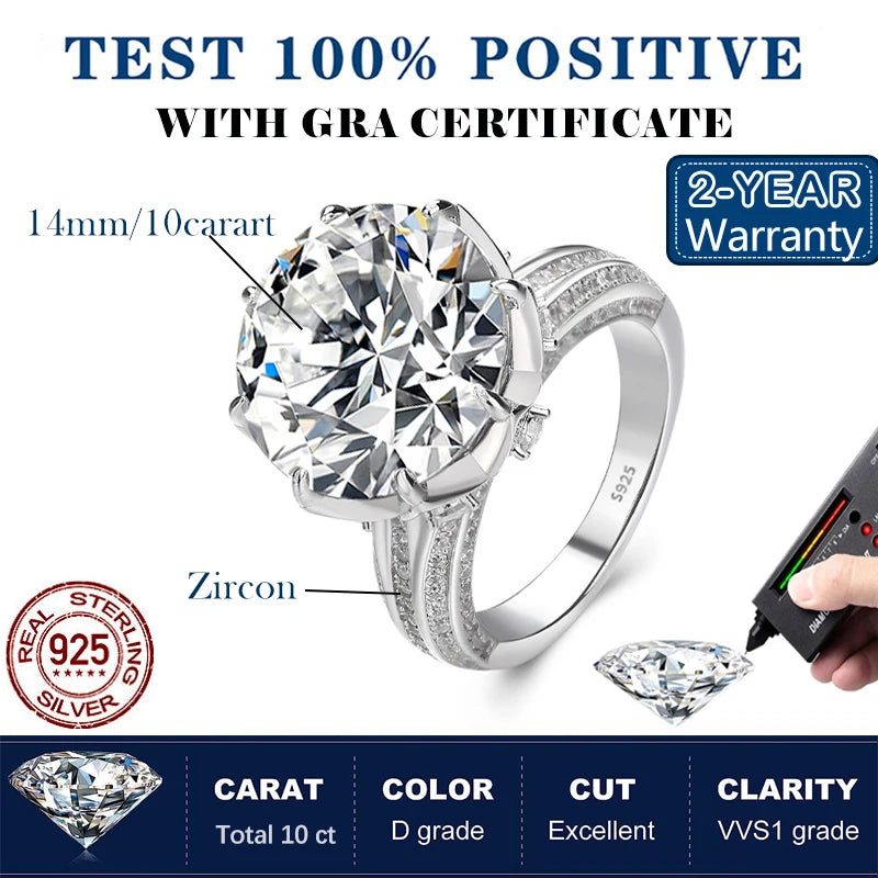 Houtros 10CT D VVSI Luxury Moissanite Ring 925 Sterling Silver Plate18K White Gold Wedding Ultra Flash Gemstone Band Jewelry GRA