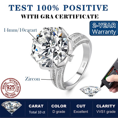 Houtros 10CT D VVSI Luxury Moissanite Ring 925 Sterling Silver Plate18K White Gold Wedding Ultra Flash Gemstone Band Jewelry GRA