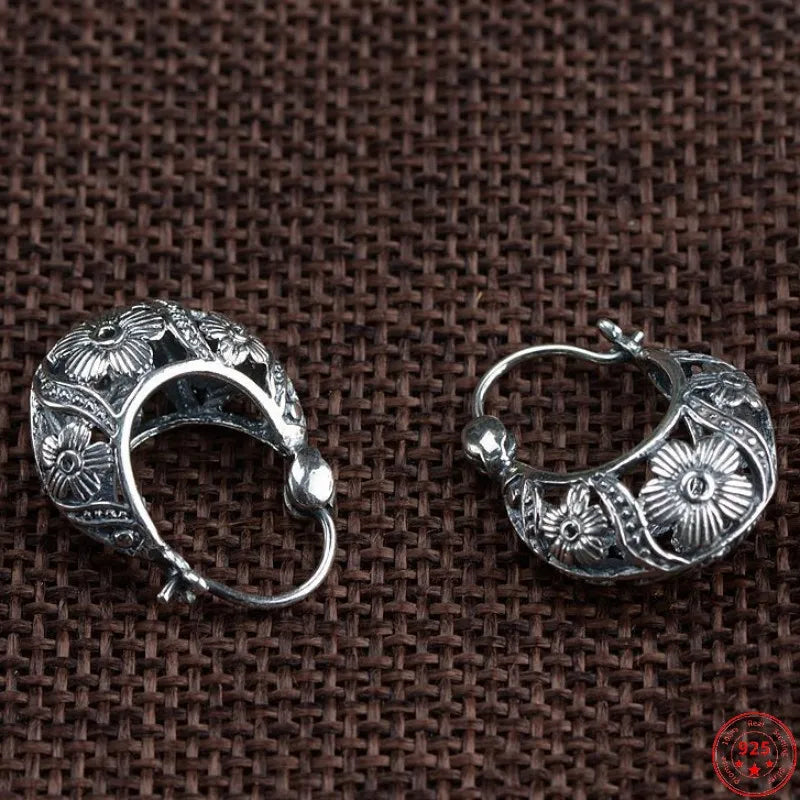 S925 Sterling Silver Stud Earrings New Fashion Simple Ancient Hollow Flower Ear-studs Solid Pure Argentum Ear Jewelry for Women