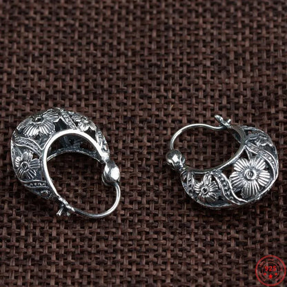 S925 Sterling Silver Stud Earrings New Fashion Simple Ancient Hollow Flower Ear-studs Solid Pure Argentum Ear Jewelry for Women