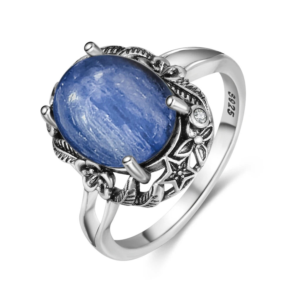 Vintage S925 Sterling Silver Ring Oval Round Natural Kyanite Ring Sun And Flower Shaped Retro Fine Jewelry For Women Men