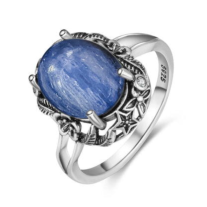 Vintage S925 Sterling Silver Ring Oval Round Natural Kyanite Ring Sun And Flower Shaped Retro Fine Jewelry For Women Men