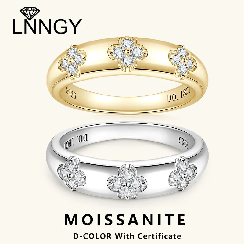 Lnngy 0.18CTTW Moissanite Chunky Ring For Women Anelli Argento 925 Sterling Silver Four-leaf Clover Rings Wedding Jewelry Gift